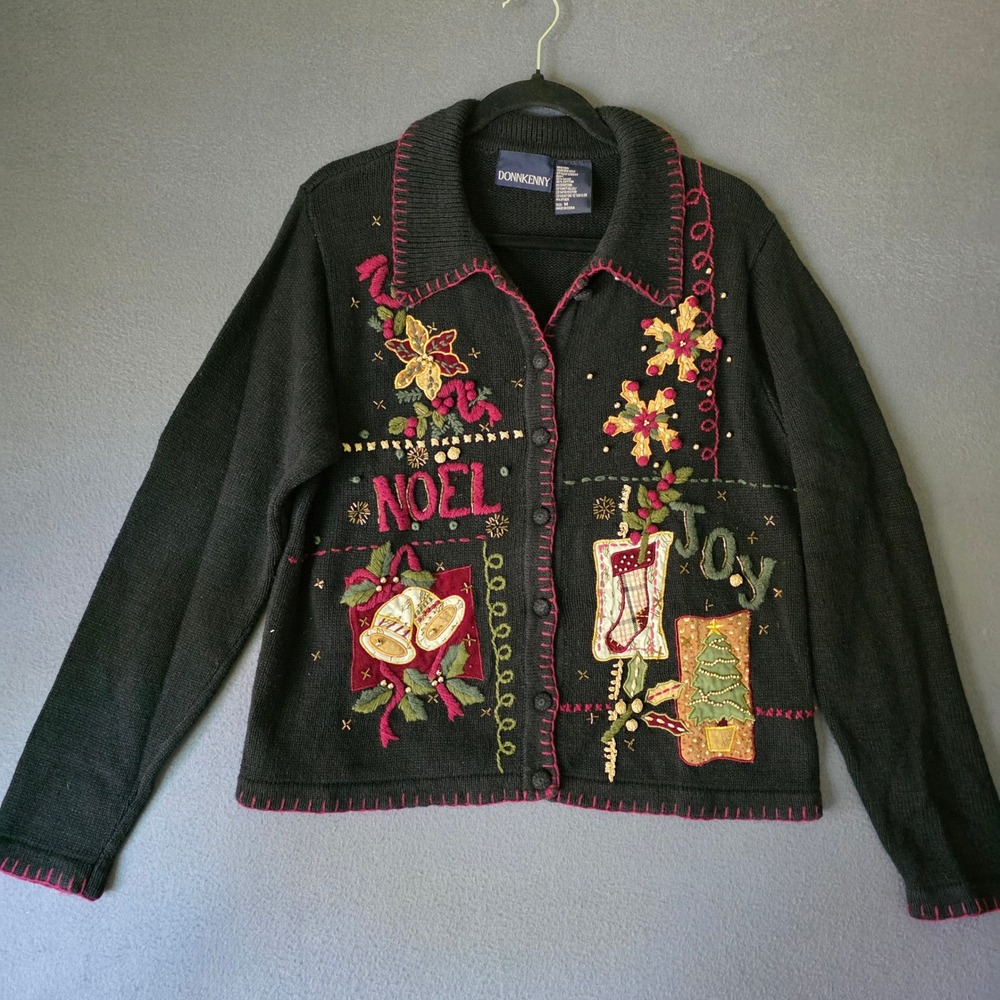 Donnkenny Cardigan Sweater Womens Medium Black Christmas Embroidered Beaded Noel